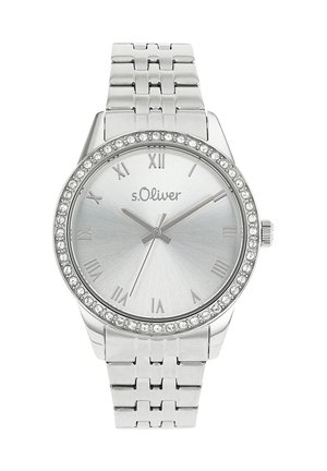 Zilveren horloge met een ronde wijzerplaat, Romeinse cijfers en een met kristallenaccenten versierde lunette. Metalen band met een schakelontwerp. Merk: s.Oliver.