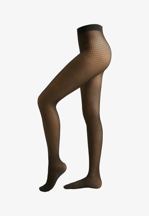 Collants en résille noire avec un motif en diamant, dotés d'une taille noire solide. La texture est transparente avec une finition douce.