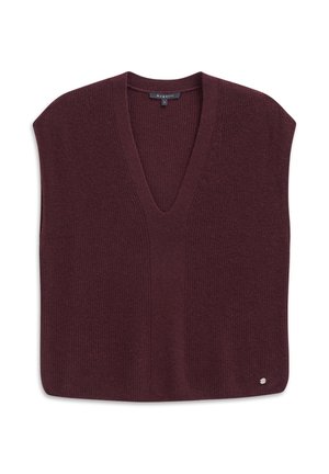 Burgundy knitted sleeveless top with a V-neckline, ribbed texture, and a small logo accent on the bottom right.