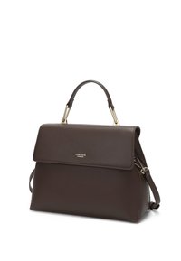 Dark brown leather handbag with a structured design, top handle, gold hardware accents, and a flap closure. Includes an adjustable shoulder strap.