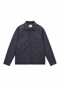 Mörkblå jacka, lättviktigt tyg, dragkedjestängning, spetsig krage, en bröstficka, två sidofickor, enkel design, långa ärmar.