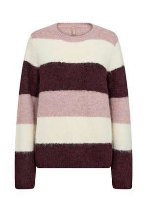 Pull en tricot avec des rayures horizontales dans des couleurs bourgogne foncé, rose clair, rose chair et crème. Texture douce avec un col rond.