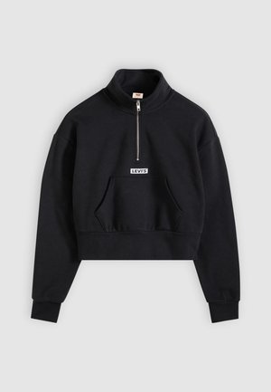 Fekete, rövidített pulóver pamut keverékből. Félcipzárral, magas gallérral és elől kenguruzsebbel fehér logós címkével.