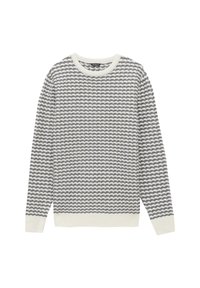 Sweter dzianinowy w falisty wzór w odcieniach szaro-białych, z okrągłym dekoltem i ściągaczami na brzegach. Miękka tekstura, długie rękawy oraz luźny krój.