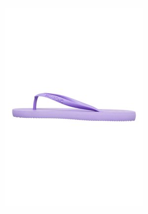 Violetti varvasläppä, jossa on kumipohja ja thong-hihna. Teksturoitu jalkapohja ja uritettu pohja pitävää otetta varten. Billabong-logot hihnassa.