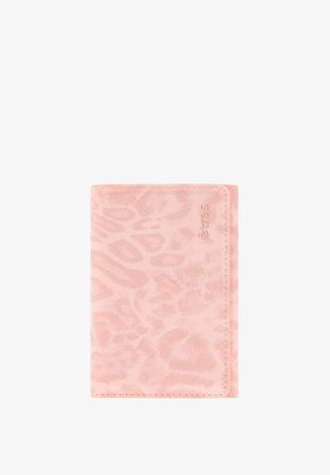 Portafoglio in pelle di un delicato rosa con un sottile motivo leopardato. Presenta bordi cuciti e un dettaglio del logo impresso. Forma rettangolare compatta.