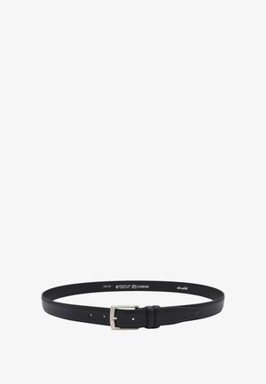 Black leather belt with a smooth texture and classic design. Features a silver metal buckle and multiple adjustment holes.