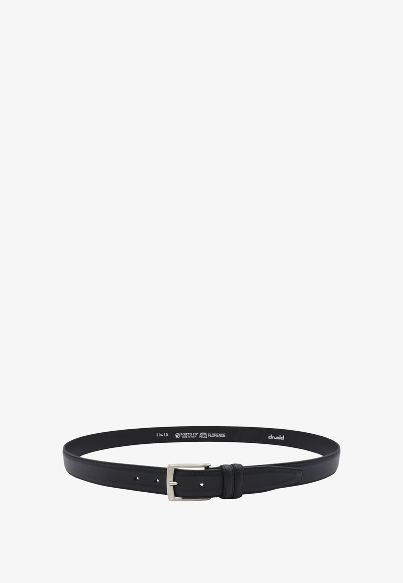 Black leather belt with a smooth texture and classic design. Features a silver metal buckle and multiple adjustment holes.