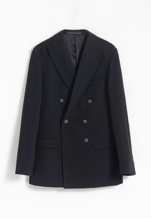 Blazer negro de doble botonadura hecho de lana, con solapas en pico, dos bolsillos frontales y seis botones a juego, con un forro de acabado satinado.