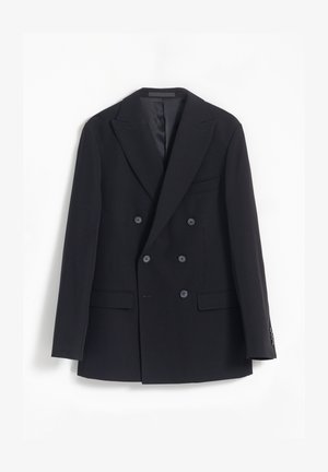 Blazer negro de doble botonadura hecho de lana, con solapas en pico, dos bolsillos frontales y seis botones a juego, con un forro de acabado satinado.