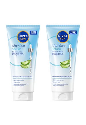 Two Nivea Sun After Sun Serum tubes with aloe vera graphic and dropper, labeled for face and body hydration and skin regeneration.