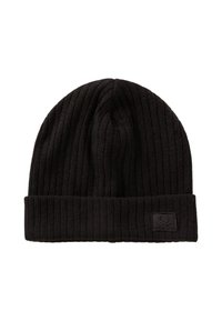 Černá pletená čepice s vroubkovaným vzorem a ohrnutým lemem, s malým logem. Vyrobeno z měkké, texturované látky pro teplo a pohodlí.
