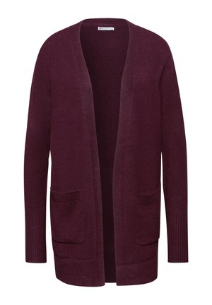 Burgunderfarvet cardigan med åben front lavet af blødt strikket stof, med ribbede manchetter og to forlommer for ekstra bekvemmelighed.