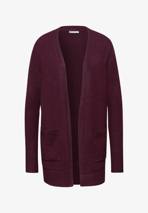 Bordeauxfarbener offener Cardigan aus weichem Strickstoff, mit gerippten Bündchen und zwei Vordertaschen für zusätzlichen Komfort.