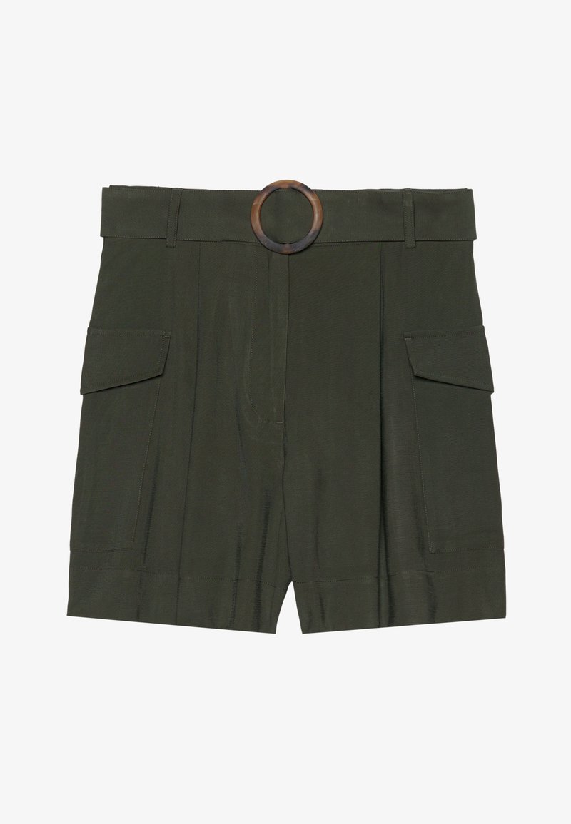 Dunkelgrüne Shorts mit einem breiten Taillenbund, einer runden, gemusterten Schnalle, zwei Seitentaschen und einem maßgeschneiderten, strukturierten Design.