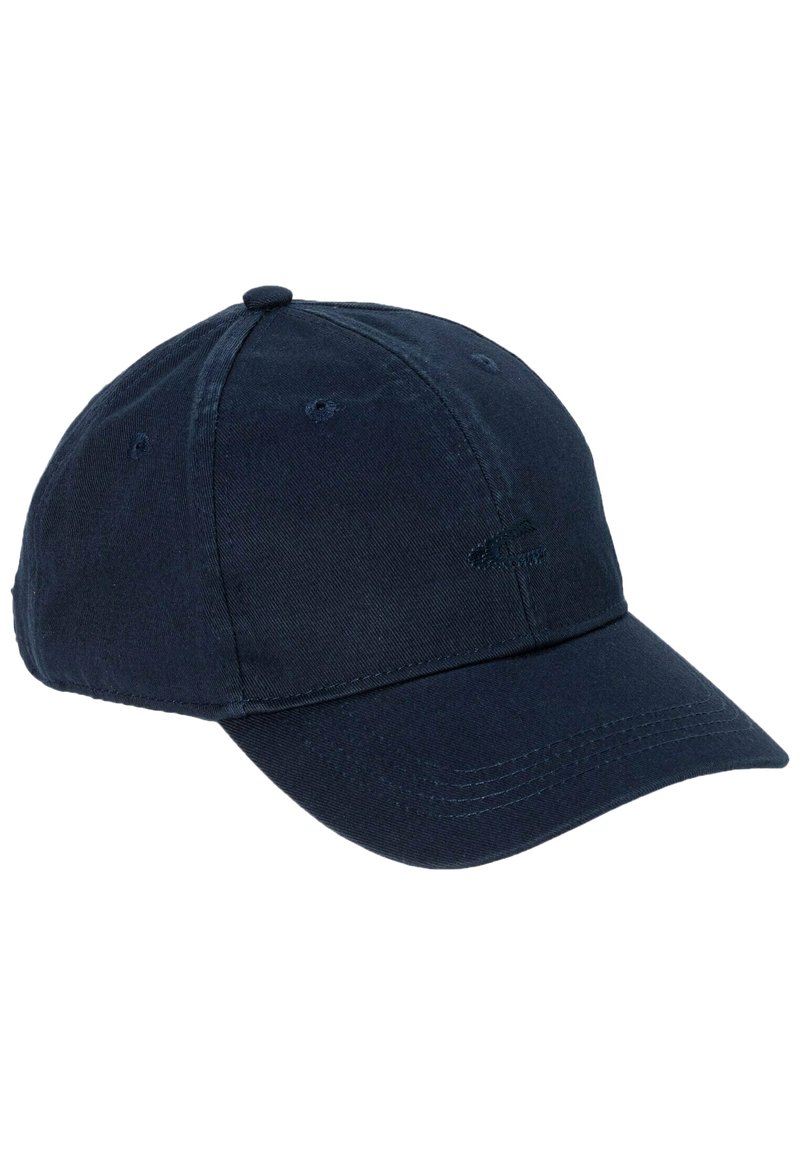 Navy blue baseball cap made of cotton with a curved brim, featuring stitched accents and ventilation holes on the crown.