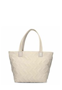 Borsa tote trapuntata di colore crema con un motivo geometrico, due manici robusti e un dettaglio logo discreto su un lato.