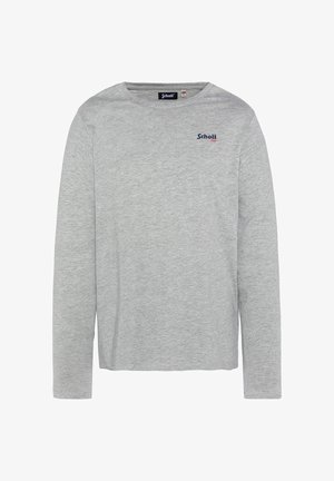 Chemise à manches longues gris clair en coton doux avec un col rond et un petit logo marine sur la poitrine. Design simple et classique.