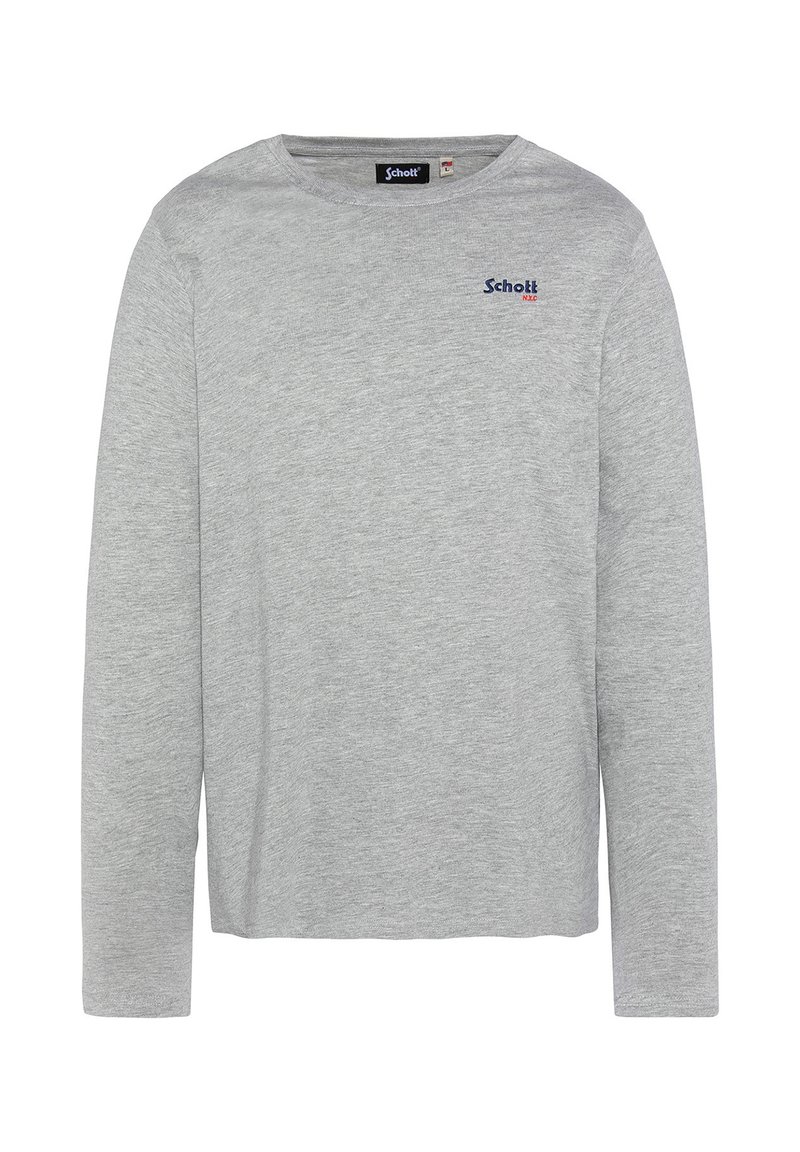 Maglietta a maniche lunghe grigia chiara in morbido cotone, con scollatura rotonda e un piccolo logo blu navy sul petto. Design semplice e classico.