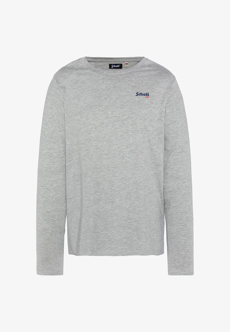 Maglietta a maniche lunghe grigia chiara in morbido cotone, con scollatura rotonda e un piccolo logo blu navy sul petto. Design semplice e classico.