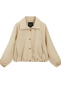 Giacca leggera beige con collo a camicia, chiusura frontale con bottoni, maniche elastiche con polsini e orlo elastico. Tessuto dalla texture liscia.