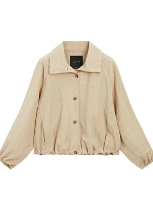 Veste légère beige avec un col, fermeture à boutons sur le devant, manches élastiques à poignets et un ourlet élastique. Texture de tissu lisse.