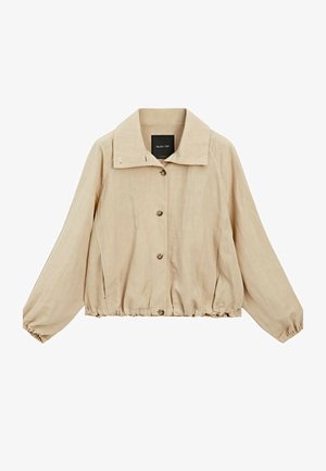 Beige lättviktsjacka med krage, framknäppning med knappar, ärmar med elastiska manschetter och elastisk nederkant. Slät tygtextur.