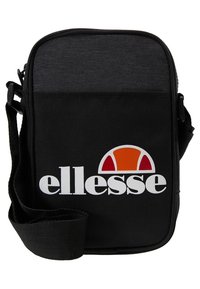 Borsa a tracolla nera in tessuto con spallaccio, con un grande logo bianco "ellesse" e un design colorato accentato sopra di esso.