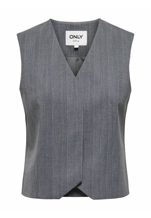 Gilet sans manches à fines rayures grises avec encolure en V et panneaux avant superposés, étiquette "ONLY tailoring" à l'intérieur du col.