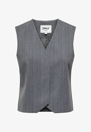 Gilet sans manches à fines rayures grises avec encolure en V et panneaux avant superposés, étiquette "ONLY tailoring" à l'intérieur du col.