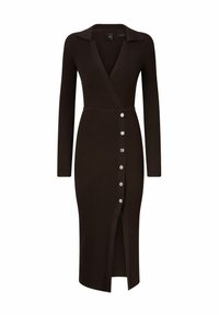 Vestido envolvente marrón de canalé con mangas largas, cuello, botones frontales y una abertura lateral. Presenta botones metálicos como acentos.