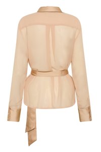 Μπεζ διαφανές μπλουζάκι με μακριά μανίκια, φαρδύ σατέν μανσέτες και σατέν ζώνη που δένεται πίσω.