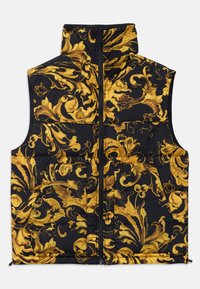 Gilet noir avec un col haut, orné d'un motif baroque doré, fermeture éclair et deux poches avant. Matériau doux et rembourré.