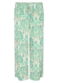 Pantalones holgados con un estampado de paisley que presenta tonos de verde, beige y blanco. Cintura elástica con un detalle de cordón.
