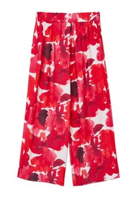 Pantalons larges à fleurs rouges avec une taille élastique. Fabriqués en tissu léger, avec de grands motifs floraux rouges et foncés sur un fond blanc.