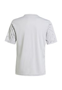 Lichtgrijze sportshirt met korte mouwen, een ronde halslijn en textuurpatronen op de mouwen. Gemaakt van gladde, ademende stof.