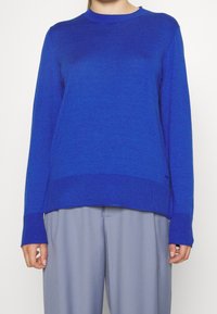 Blauer Strickpullover mit langen Ärmeln, geripptem Rundhalsausschnitt und Bündchen, mit leicht lockerem Schnitt und glatter Textur. Kombiniert mit grauer Hose.