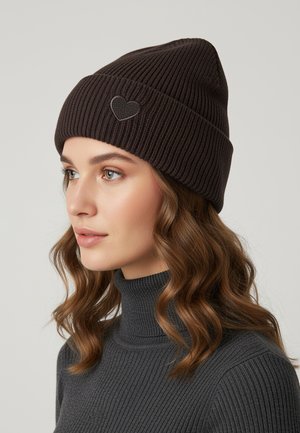 Dark brown ribbed knit hat with a pointed top, featuring a small gray heart accent on the front. Soft texture, fitted design.