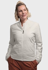 Bomber-style jacket in light gray, featuring a quilted texture, zip closure, and stand-up collar. Suitable for various casual settings.