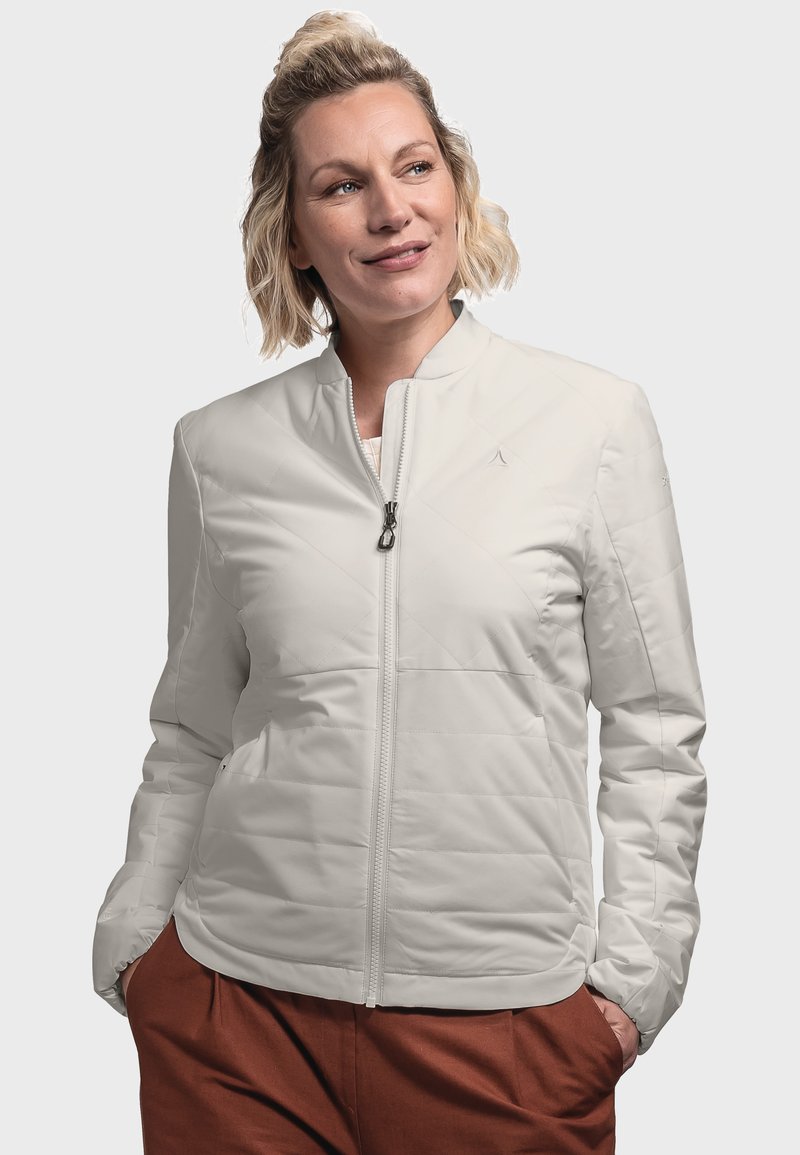 Bomber-style jacket in light gray, featuring a quilted texture, zip closure, and stand-up collar. Suitable for various casual settings.