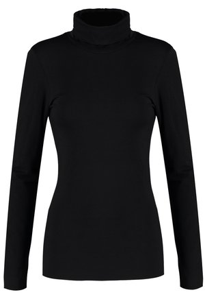 Black long-sleeve turtleneck top made of soft, stretchy fabric with a fitted silhouette and high collar. No patterns or embellishments.