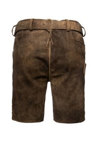 Hnědé kožené šortky s texturovaným povrchem, vybavené stahovací šňůrkou v pase, poutky na opasek a boční kapsou.
