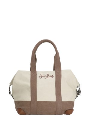 Borsa in tela beige e marrone con due manici, angoli inferiori in pelle marrone e testo del logo "Saint Barth" al centro davanti.