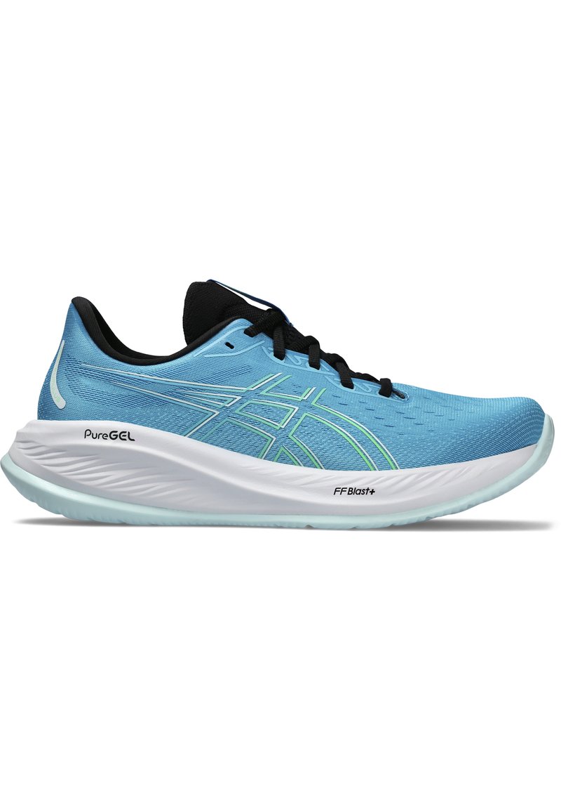 Scarpa da corsa blu con tomaia in mesh testurizzato, lacci neri, suola intermedia bianca e dettagli verdi. Caratterizzata da tecnologia PureGEL e FFBlast+.