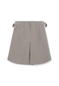 Graue, plissierte Shorts aus leichtem Stoff, mit einem taillierten Bund und metallischen Details sowie seitlichen Taschen. Glatte Textur, taillierte Passform.