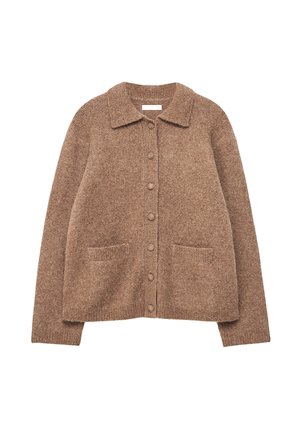 Rudas vilnonis kardiganas su apykaklėle, mygtukais priekyje ir dviem kišenėmis priekyje. Minkštas tekstūra su šiek tiek laisvesniu modeliu.