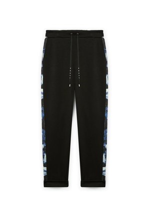 Pantaloni jogger neri a gamba affusolata con vita regolabile, caratterizzati da accenti a motivo blu e bianco lungo i fianchi e fondo gamba cuffed.
