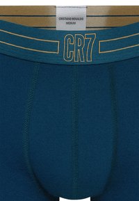 Buty bokserki w kolorze zielononiebieskim z paskiem w złote paski. Z logo „CR7” i metką wskazującą rozmiar „Medium”. Gładka tekstura i dopasowany krój.