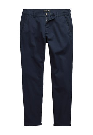 Chinos slim fit pour homme bleu marine avec fermeture avant à boutons et zip, poches latérales et passants de ceinture, posés à plat sur fond blanc.