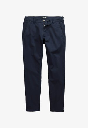 Marineblaue Herrenslim-Fit-Chinos mit Knopf- und Reißverschluss vorne, Seitentaschen und Gürtelschlaufen, flach auf weißem Hintergrund liegend.
